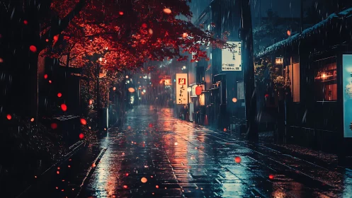 Nocturnal alleyway under crimson rainlit maple canopy.
