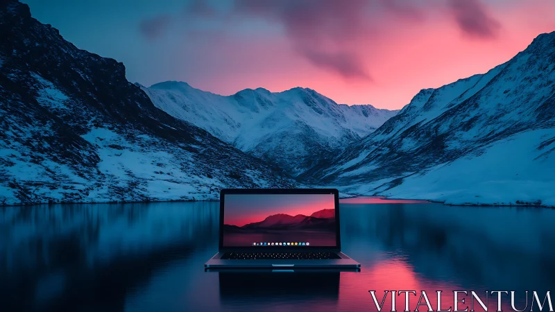 Laptop on reflective lake surface with snowy mountain backdrop.