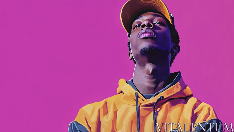 Bold youth portrait in yellow hoodie against neon magenta sky.