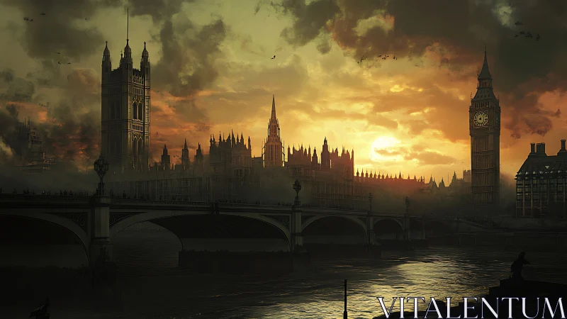 Sunset engulfs gothic London skyline in moody river haze