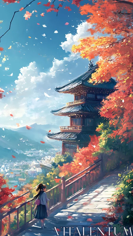 Girl on hillside path by autumn temple overlooking town.