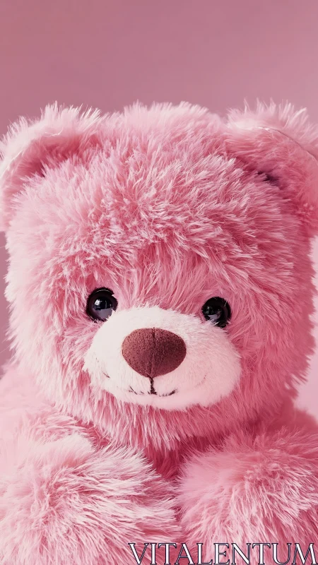 Close-up view of pink plush teddy bear on pink background.