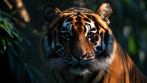 Tiger portrait under dappled jungle light in shadowed habitat.