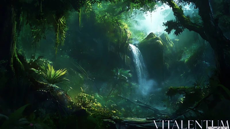 Subterranean cavern with waterfall and dense vegetation canopy