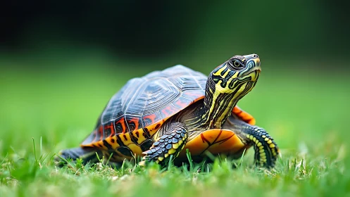 Colorful turtle rests on vivid grass in tranquil daylight