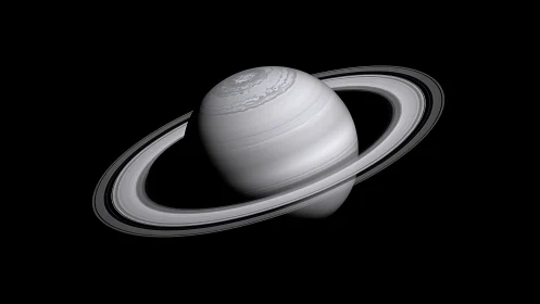 Monochrome Saturn render shows ring stratification and polar storm