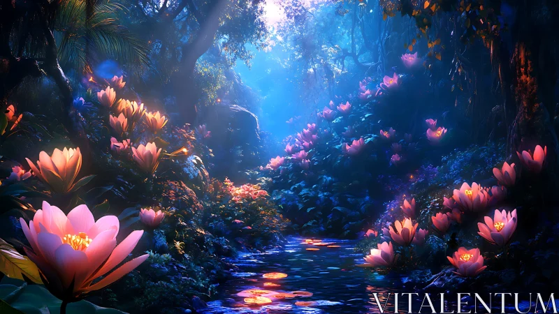 Moonlit river of dreaming blossoms in a luminous forest.