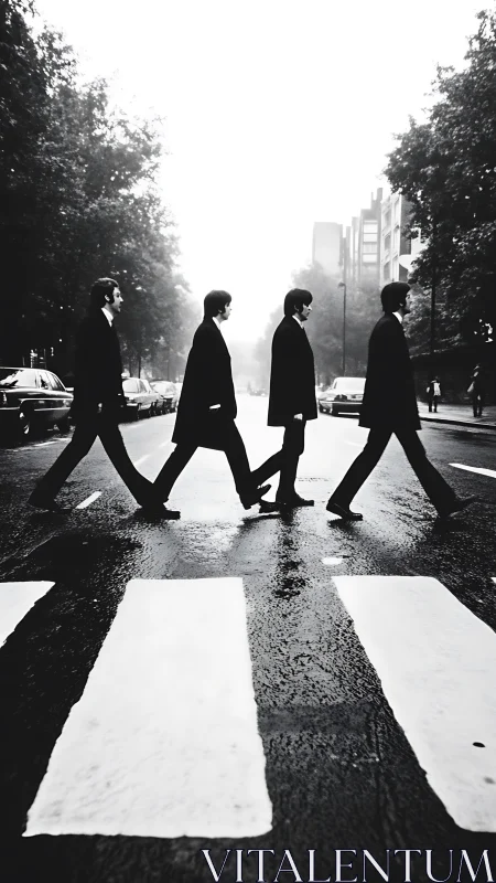 Monochrome silhouettes crossing wet urban crosswalk in perspective