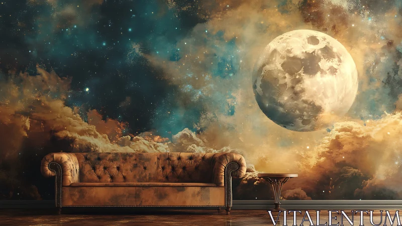 Brown leather sofa set against large moon nebula mural