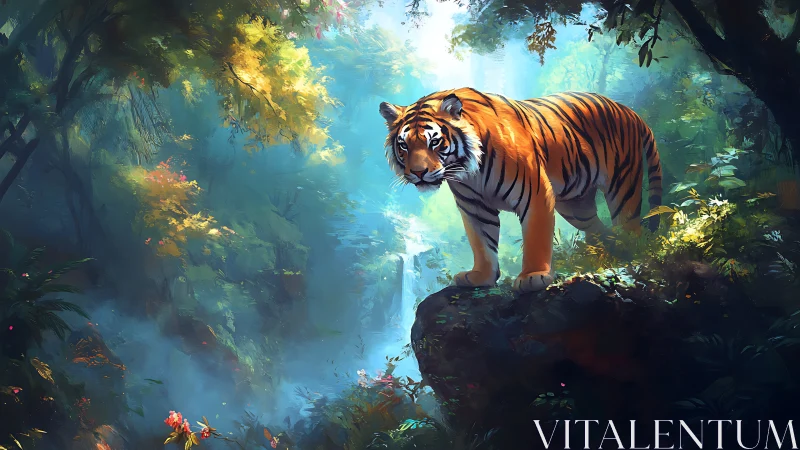 Digital painting of a tiger on a sunlit jungle cliff edge.