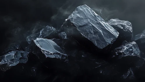 Dark angular coal-like rocks sit in dense surrounding fog