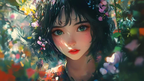 Dreamy floral portrait frames a luminous anime heroine