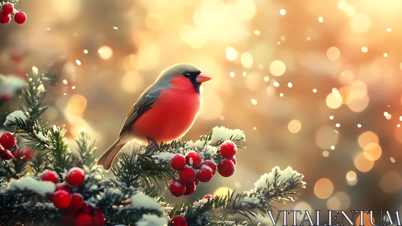Red bird on snowy evergreen branch with berries in winter.