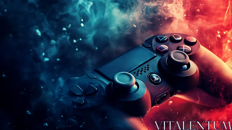 Gaming controller glows within dual-color smoke vortex.