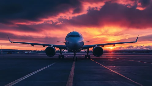 Passenger jet front view aligns with dramatic sunset sky