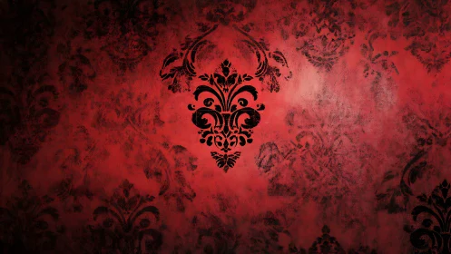 Baroque black damask on distressed crimson wall surface.