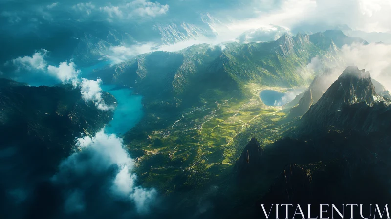 Aerial fantasy valley panorama renders ethereal mountain light