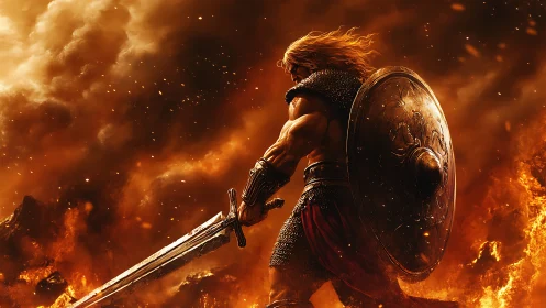 Firelit barbarian warrior with longsword and shield in battle