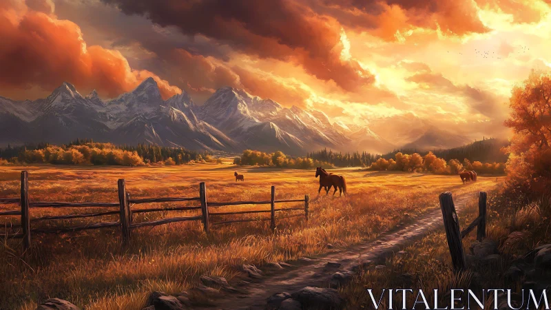 Golden sunset horses roam beneath dramatic mountain skies