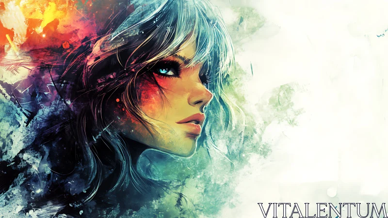 Colorful digital portrait of a woman in profile view.