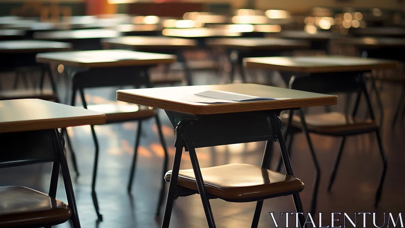 Empty classroom desks hold single exam papers in warm light