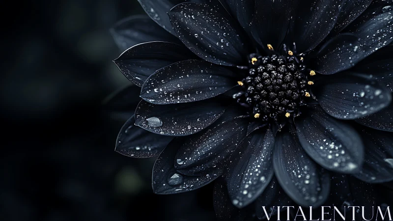 Dark Bloom with Dewdrops and Golden Center.