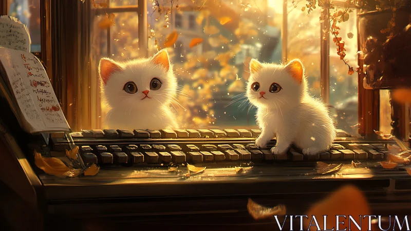 Two White Kittens Positioned on Piano Keyboard with Warm Lighting
