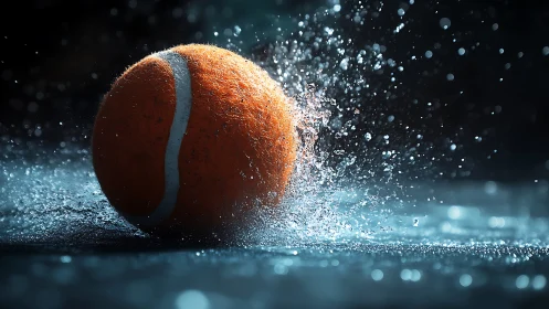 High-speed wet tennis ball impact with dramatic water spray