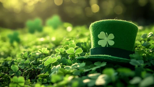 Green felt top hat resting in dense clover field at dusk.