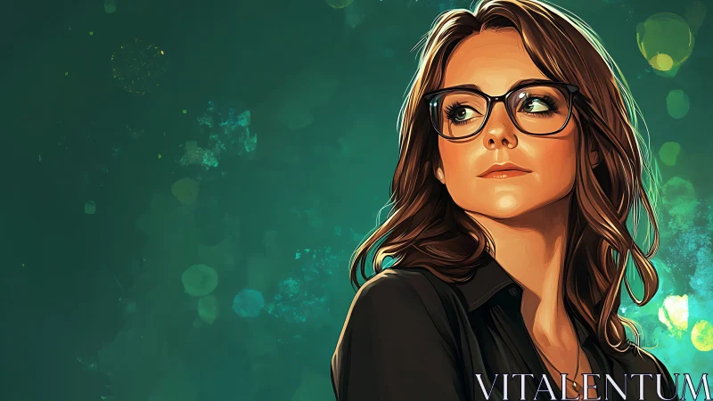 Calm woman with glasses against teal abstract background.