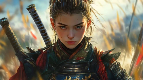 Young armored warrior stares forward holding twin swords