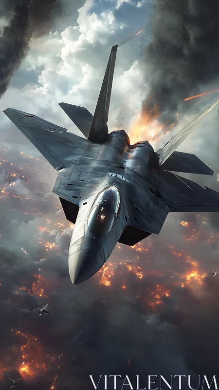 Steel-winged jet diving through storm and firelit clouds.