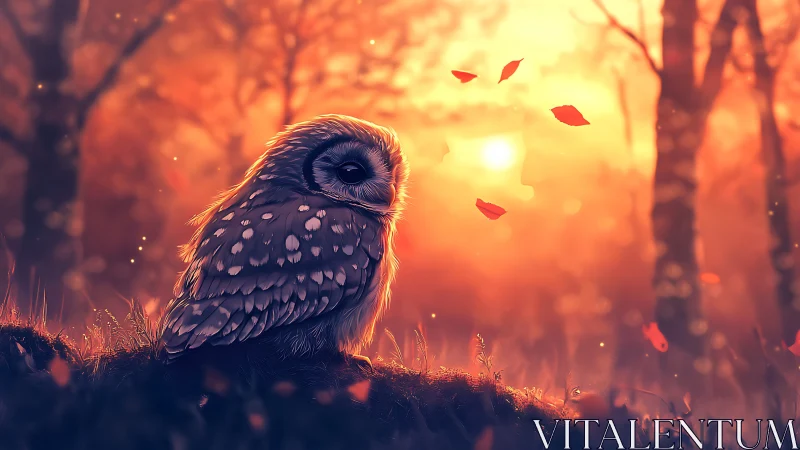Dreamy Autumn Owl in Sunset Forest, Digital Art Illustration.