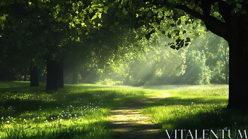 Sunlit woodland path with luminous canopy rendering.
