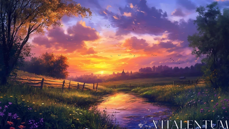 Golden sunset stream winding through a dreaming meadow.