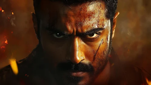 Intense warrior portrait in blazing cinematic close-up.
