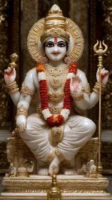 Marble deity idol with gold ornaments and floral garlands.