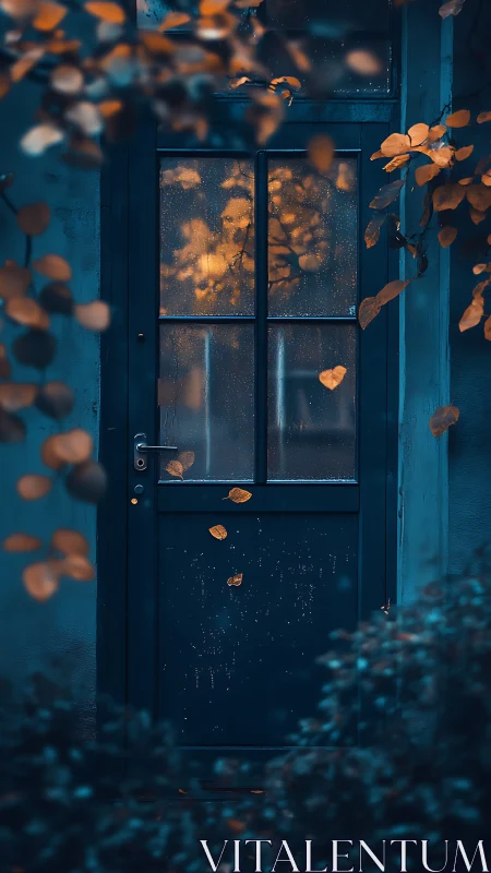 Moody blue door with wet glass framing warm bokeh foliage