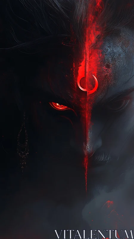 Dark demonic face split by glowing red fiery sigil.