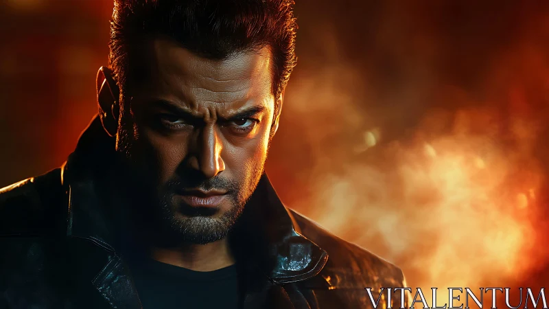 Brooding action hero glares through cinematic ember haze.