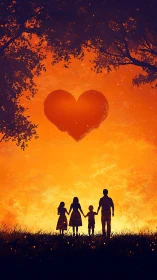 Family silhouettes hold hands beneath love's radiant cosmic glow