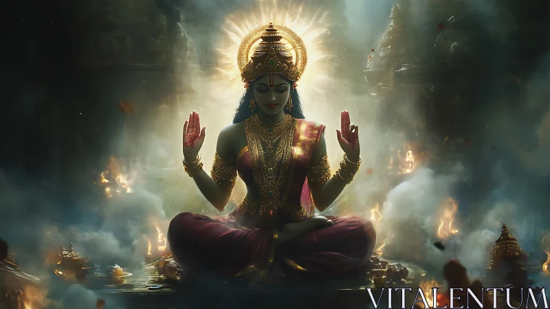 Hindu goddess in golden crown seated in glowing meditation.