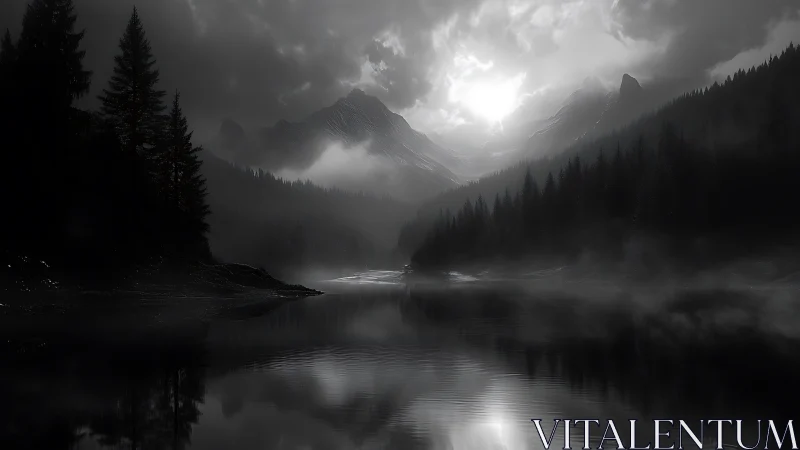 Moonlit alpine lake mirrors dark pines and misted peaks.