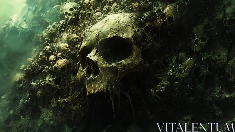 Colossal skull emerges from a decaying mound of tangled bones.