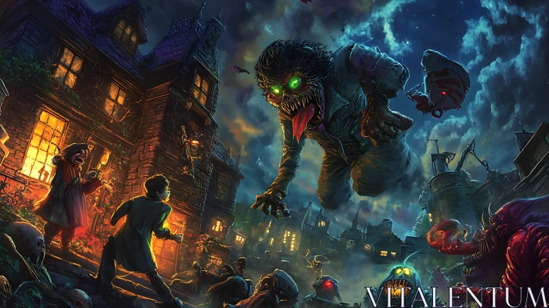 Nighttime monsters swirl above a brave group in a haunted town