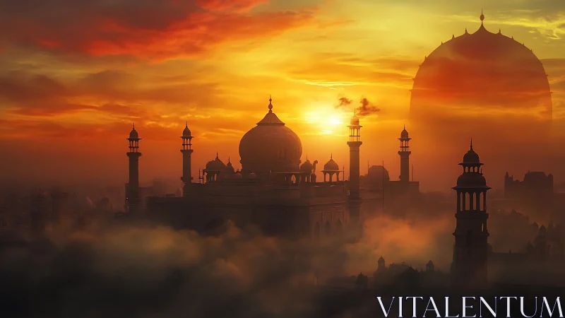 Sunset over domed city skyline in dense glowing mist.