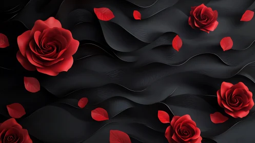 Scarlet Roses Cascade Through Ebony Waves.