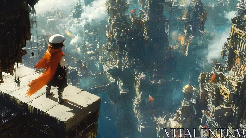 Lone explorer gazing over a misty futuristic megacity.