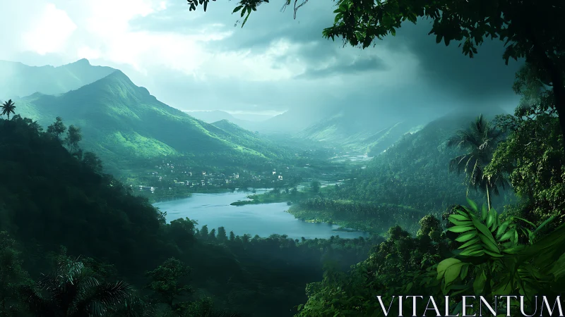 Digital rendering shows misty valley with lake and hills