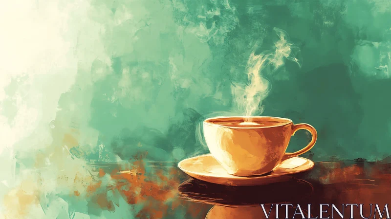 Thermal coffee cup rendering in teal atmospheric color field.